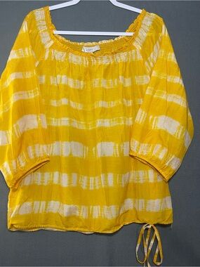 LOFT Yellow Tie Dye Boho Blouse Size L Cotton Silk